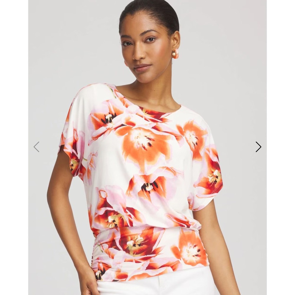 NEW Chicos 2 Womens L TOUCH OF COOL TROPIC BANDED BOTTOM Floral Dolman Tunic Top